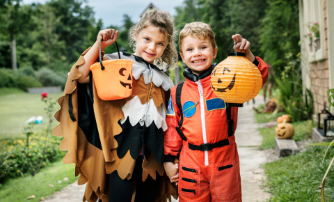 Kids in Halloween costumes