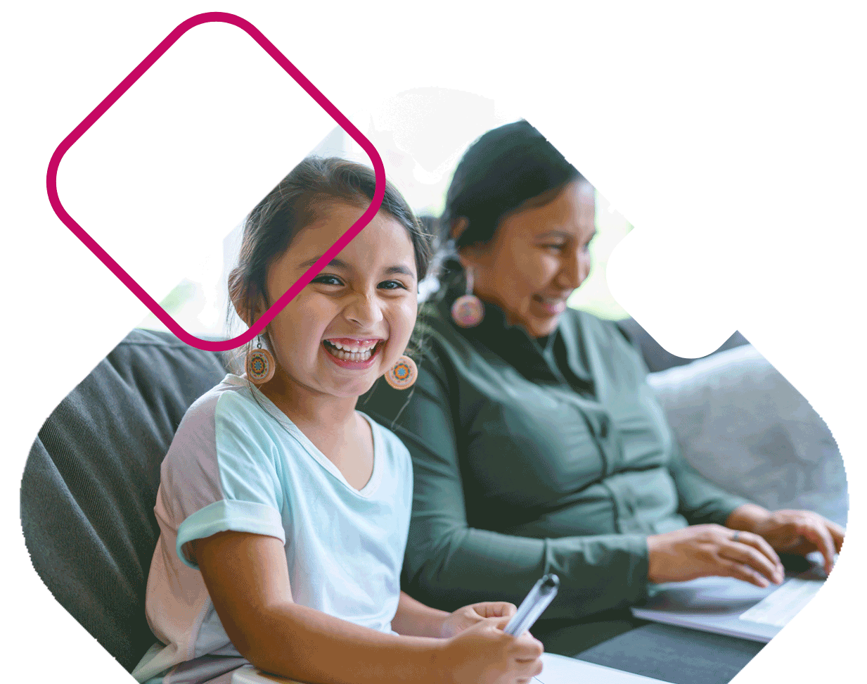 Mom And Daughter On Couch Learning